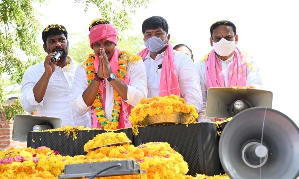 Government Chief Whip Balka Suman along with TRS candidate Nomula Bhagath Kumar campaigning in Peddavoora mandal on Tuesday