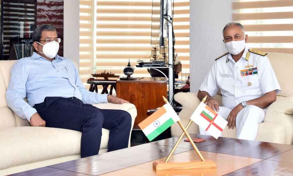 VPT Chairman K Rama Mohana Rao interacting with Flag Officer Commanding-in-Chief, Eastern Naval Command (ENC), Vice-Admiral Ajendra Bahadur Singh, at the ENC Headquarters in Visakhapatnam on Friday VPT Chairman K Rama Mohana Rao interacting with Flag Officer Commanding-in-Chief, Eastern Naval Command (ENC), Vice-Admiral Ajendra Bahadur Singh, at the ENC Headquarters in Visakhapatnam on Friday