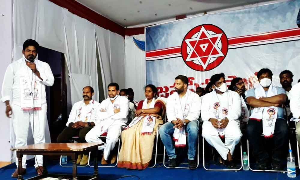 Jana Sena Party Telangana State in-charge Nemuri Shankar Goud speaking at a meeting in Warangal on Wednesday
