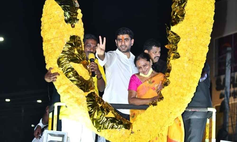 Tirupati: Lokeshs door-to-door campaign buoys cadres TDP national general secretaryNara Lokesh participating in a road show in Tirupati on Monday. Party nominee Panabaka Lakshmi is also seen