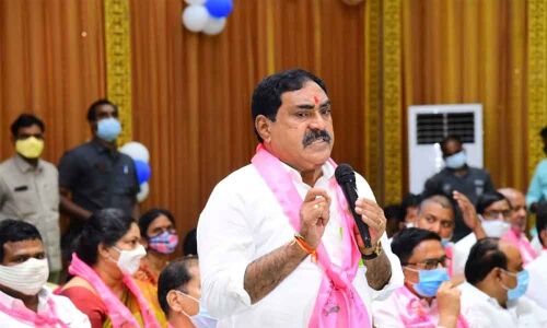 Minister for Panchayat Raj Errabelli Dayakar Rao speaking at a party meeting in Warangal on Wednesday