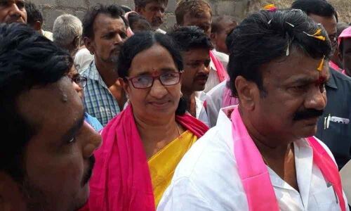 Animal Husbandry and Cinematography Minister Talasani Srinivas Yadav during a campaign in Gurrampodu mandal on Wednesday