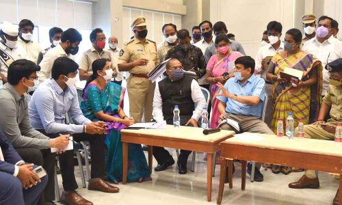 Principal Secretary Ajay Jain, Krishna District Collector A MD Imtiaz and other officials inspecting the arrangements for Chief Minister’s programme a resorts in Poranki near Vijayawada on Friday