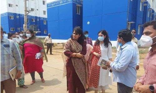 Joint Collector Keerthi Chekuri and Sub-Collector Anupama Anjali inspecting VAMBAY houses at Bommur on Friday