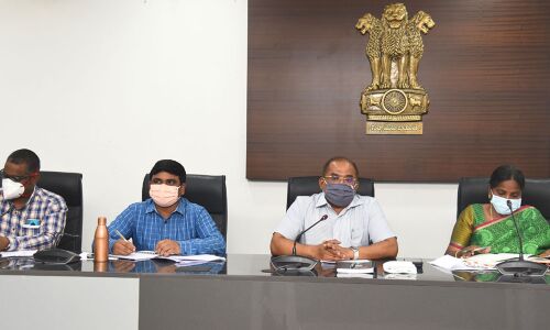 Krishna District Collector Md Imtiaz holding a meeting with the representatives of private hospitals in Vijayawada on Tuesday
