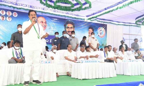 Deputy Chief Minister K Narayana Swamy addressing a meeting in Venkatagiri on Friday