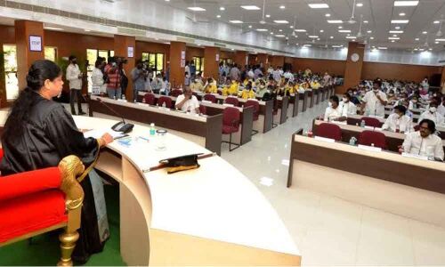 Mayor Golagani Hari Venkata Kumari, corporators, floor leaders, among others at the maiden council meeting of the Greater Visakhapatnam Municipal Corporation (GVMC) in Visakhapatnam on Friday